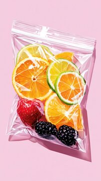 Angled view of fruit snack in zip bag.