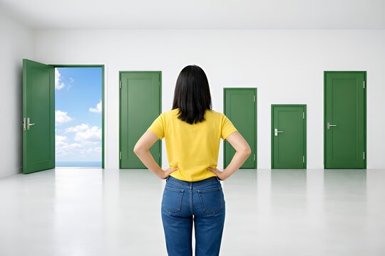 未来の可能性を秘めた開かれた扉と選択肢を見つめる女性