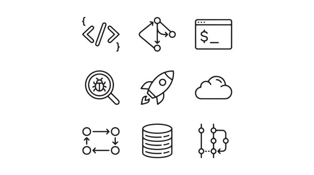 Software development line icons set, 9 programming and devops vector elements, coding and cloud computing symbols for web design