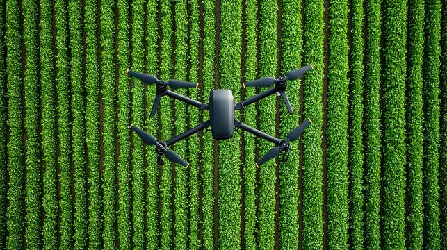AI-powered drone swarm inspecting agricultural fields, aerial view, crop health monitoring, precision farming.