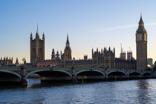Evening Panorama Of Big Ben And Westminster Bridge Over The Thames
