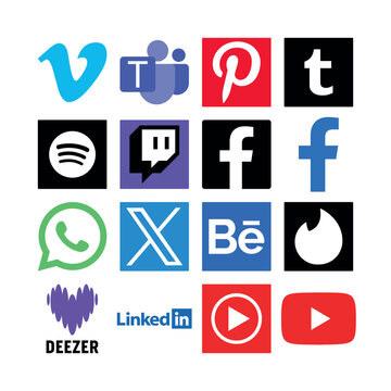 Set of flat vector social media logos including Vimeo, Microsoft Teams, Pinterest, Tumblr, Spotify, Twitch, Facebook, WhatsApp, X, Behance, Tinder, Deezer, LinkedIn, and YouTube.