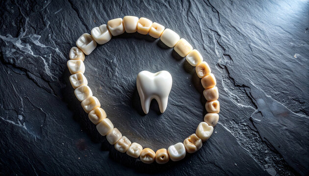 Top down flat lay dental care essentials in flowing s curve, tooth model on dark slate background with clean minimal composition