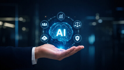 Fototapeta premium Artificial Intelligence Concept with Glowing Digital Brain Floating Over Hand Representing Future Innovation, Machine Learning, Data Analytics, Cyber Security, and Smart Tech Solution