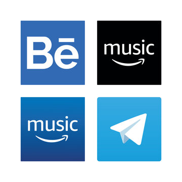Set of flat vector social media logos including Behance, Amazon Music, and Telegram arranged in a 2x2 grid.