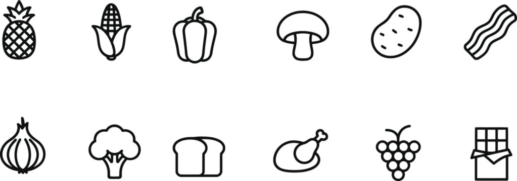 Food and grocery line icons set fresh produce meat and pantry staples