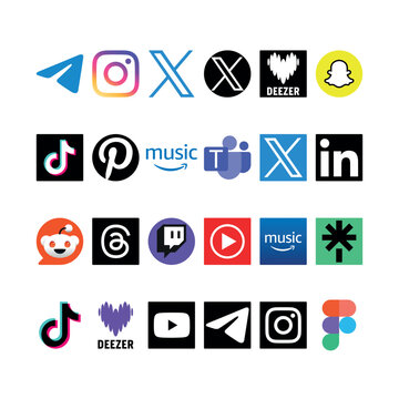 Set of flat vector social media logos including Telegram, Instagram, X, Deezer, Snapchat, TikTok, Pinterest, Amazon Music, Microsoft Teams, LinkedIn, Reddit, Threads, Twitch, YouTube, Linktree