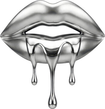 Metallic silver glossy lips graphic with dripping liquid effect for digital and branding vector lipstick cosmetic isolated on transparent background