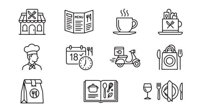 Restaurant and food delivery line icons, set of 12 vector symbols for dining and catering, minimalist cafe and bistro service graphics
