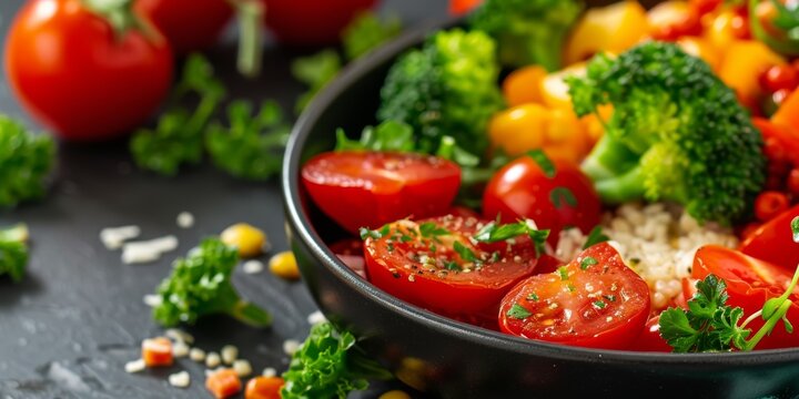 Fresh vegetable salad with tomatoes, broccoli, and herbs on a dark background during the afternoon