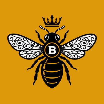 Detailed queen bee logo on orange background.