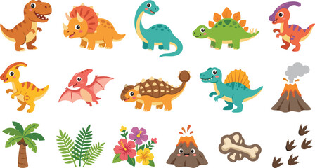 Cute Dinosaur Character Set Featuring Red Parasaurolophus, Pink Pterodactyl, Spinosaurus, Dinosaur Bone, and Erupting Volcano for Vector Graphic Designs © Rahat