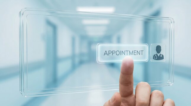 Hand pressing virtual appointment button optimizes service scheduling and enhances digital client engagement for improved operational efficiency.