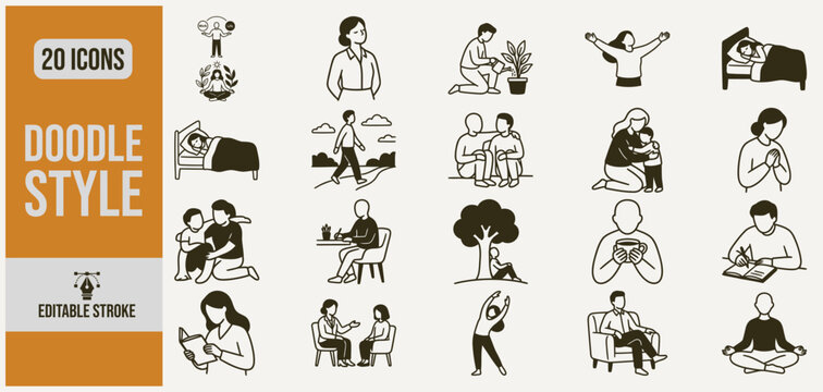 Doodle style icons depicting daily life activities and self-care moments in a clean graphic design