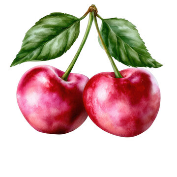 Watercolor cherry pair of red cherries with stem, isolated on transparent background