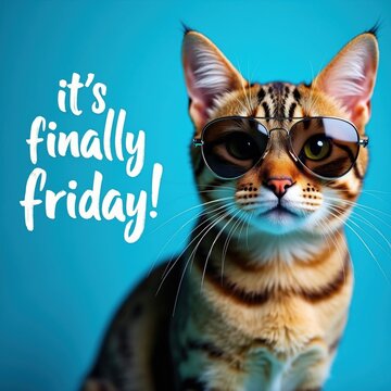 Cool tabby cat wears modern black sunglasses on blue background. Cute kitten animal face with trendy eyewear looks stylish. Bright banner text says finally Friday message for weekend party mood.