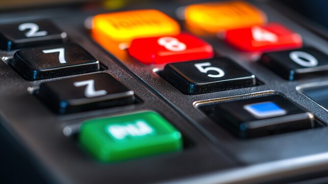 ATM keypad detail, individual buttons, subtle wear, transaction,