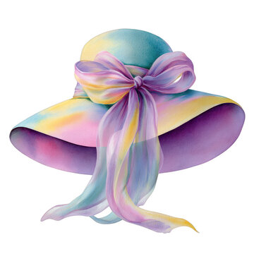 Watercolor wide brim sun hat, isolated on transparent background