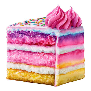 Layered birthday cake slice, isolated on transparent background