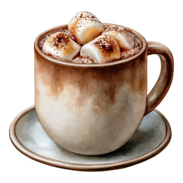 Hot chocolate mug with marshmallows, isolated on transparent background