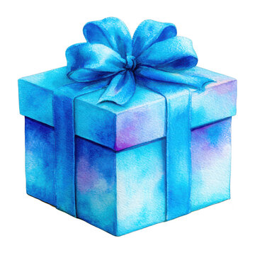 Watercolor gift box with bow, isolated on transparent background