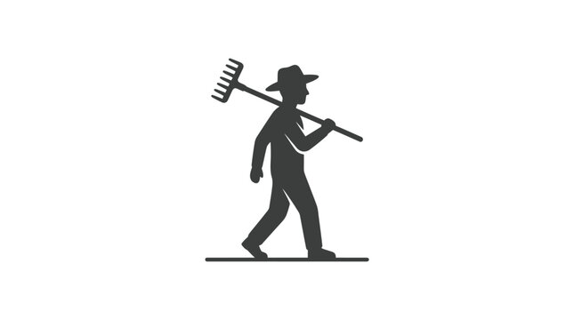 Man walking with garden rake tool.