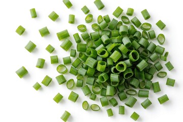 Naklejka premium Pile of chopped green onion isolated on white background. Small fresh chives pieces scattered around central mound. Raw healthy vegetable herb cut for food cooking recipe. Flat top view organic