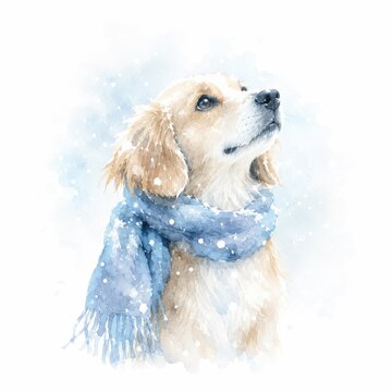 Dog with a blue scarf stands in the snow looking up on a winter day