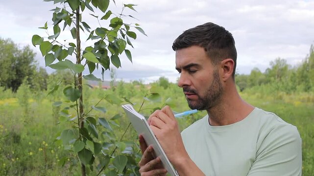 Inspector Using a Notebook To Write the Evaluation of a Poplar Tree Health