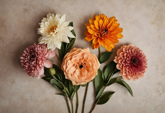 Top-down view of five colorful flowers on textured paper