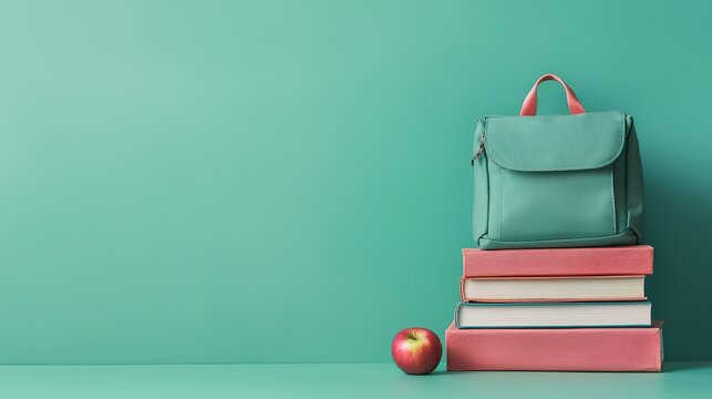 Back to school backpack, textbooks, apples, learning preparation,