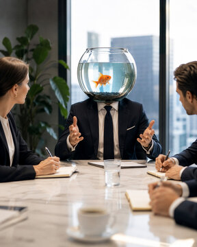 Businessman with fishbowl head leads meeting in office