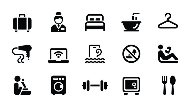 Set of black hotel amenity icons on a white background with displays collection black pictograms representing various hotel hostel services
