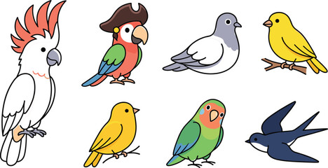 Cute Cartoon Bird Vector Icon Set Featuring Cockatoo, Pirate Parrot, Pigeon, Canary, Lovebird, and Swallow Illustrations for Pet Care and Nature Designs © Md