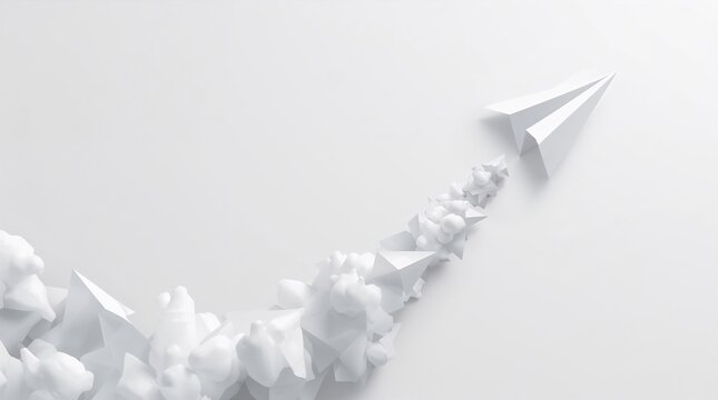 White Paper Airplane Soaring Upward with Geometric Cloud Trail Business Growth Concept