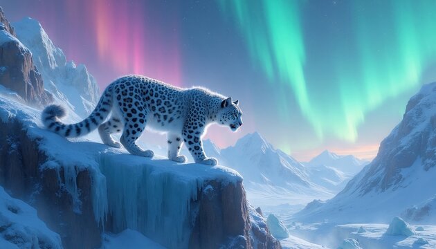 Snow leopard walks on icy cliff under aurora borealis sky. Winter mountains glow with northern lights. Wild cat hunts in frozen terrain at night.