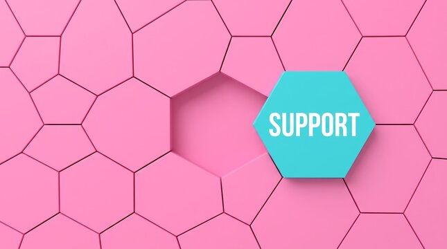 Support concept with blue hexagon tile fitting into pink honeycomb pattern, customer service solution metaphor, 3D geometric mosaic background