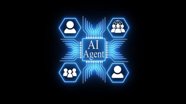 A futuristic ai agent is connected to various digital functions through a glowing green network development, software, system, process, datum, computing, 4k video.