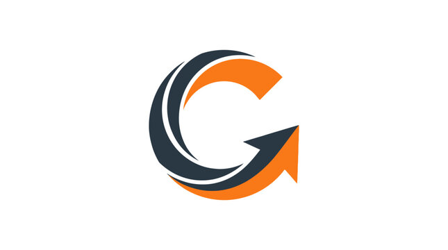 Abstract G Logo with Arrow: A stylized letter G logo in orange and dark grey, featuring a dynamic upward arrow, symbolizing growth, progress, and forward momentum.