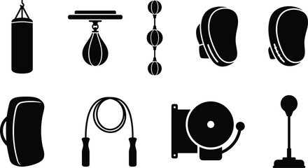 Boxing and martial arts silhouette vector icon set containing punching bag jump rope pads and round bell © mdAl