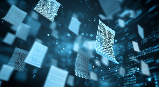paper notes floating in the air, representing the flow of information within an ai system. the blue glow highlights various shapes like squares or lines