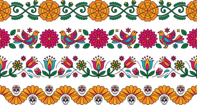 Mexican Folklore Seamless Border Pattern Vector Set Featuring Marigold Flowers, Birds, Tulips, and Sugar Skulls for Day of the Dead and Cinco de Mayo Designs