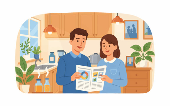 Young couple reading informational brochure in cozy home kitchen setting featuring infographic elements and domestic environment brochure lifestyle domestic