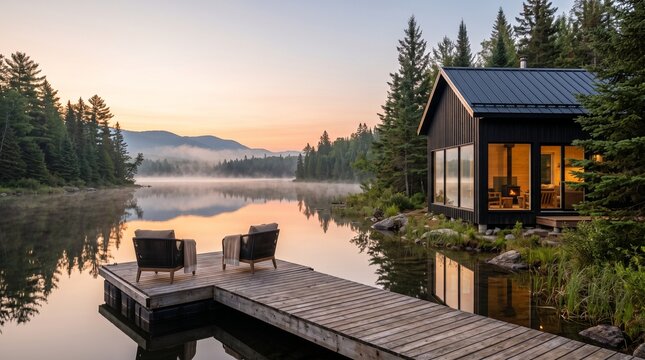Luxury lakeside cabin at sunset with private dock. Modern waterfront vacation home reflecting golden light on serene forest lake.