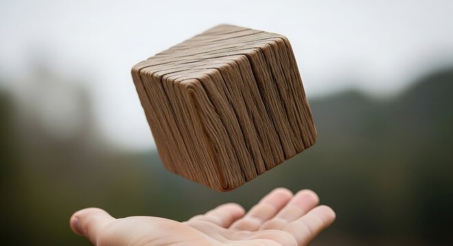 Floating wooden cube levitating over a human hand, surreal geometric wood block in mid-air, conceptual timber object with natural grain texture