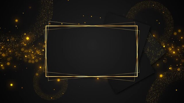 Luxury golden rectangle frame black center space, dotted circular patterns, sparkling particles, elegant layered design. premium titles, wedding , award intros, product promos, cinematic overlays.