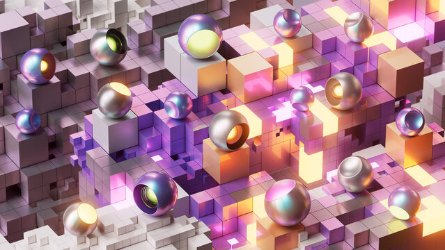 Colorful AI Data Grid with Metallic Spheres