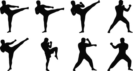 Martial arts silhouette icon set featuring karate kicks boxing and fighter poses isolated on white background © Al Mamun