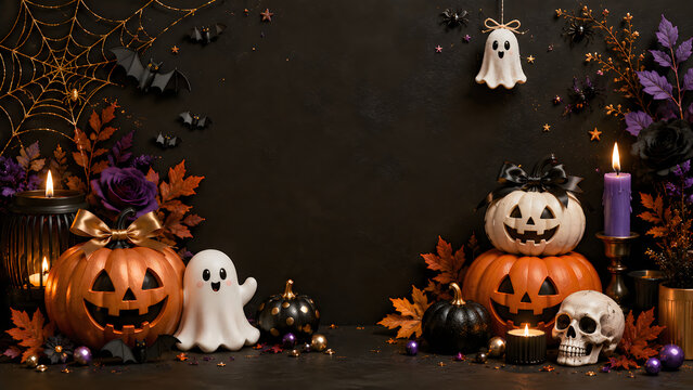 Jack-o-lantern pumpkins and a friendly ghost figure sit on a dark surface to create a spooky Halloween scene with plenty of copy space.