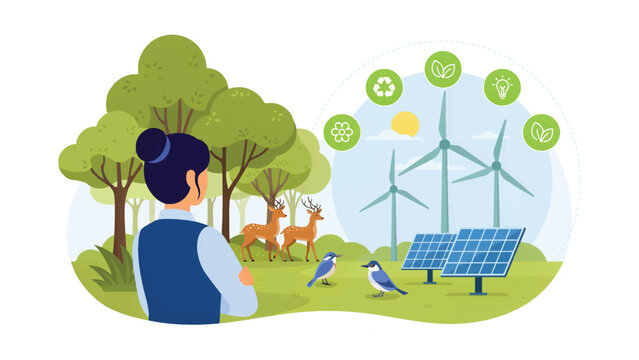Woman standing in forest looking at renewable energy wind turbines and solar panels with renewable sustainability environment landscape conservation